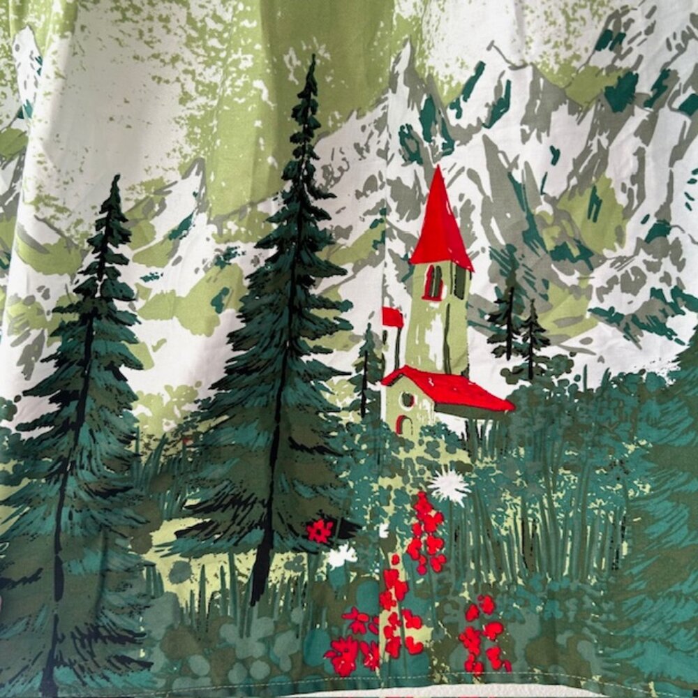 Unique Storybook Snowy Mountain Winter Village Motif A-Line Skirt Cottage Size L - Picture 2 of 5